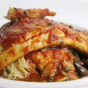 BRANZINO Fresh Mediterranean Filets, Artichokes, Olives, Capers, Tomatoes over Angel Hair