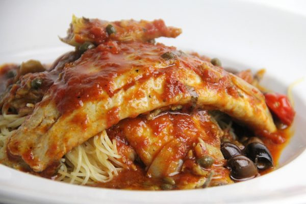 BRANZINO Fresh Mediterranean Filets, Artichokes, Olives, Capers, Tomatoes over Angel Hair